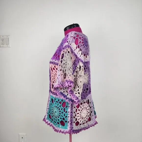 New Handmade Boho Crochet Granny Square Top - Vibrant Patchwork Festival Blouse - Picture 4 of 16